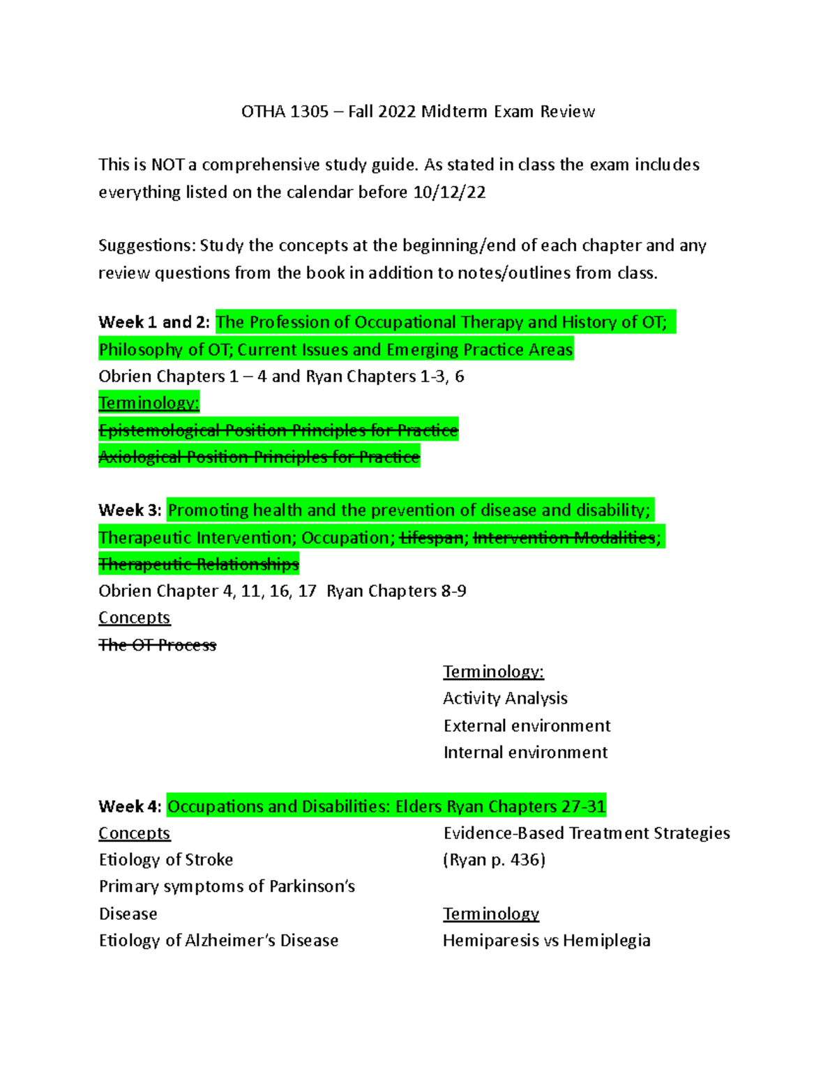 OTHA+1305+Midterm+Exam+Review+2022 copy - OTHA 1305 – Fall 2022 Midterm ...