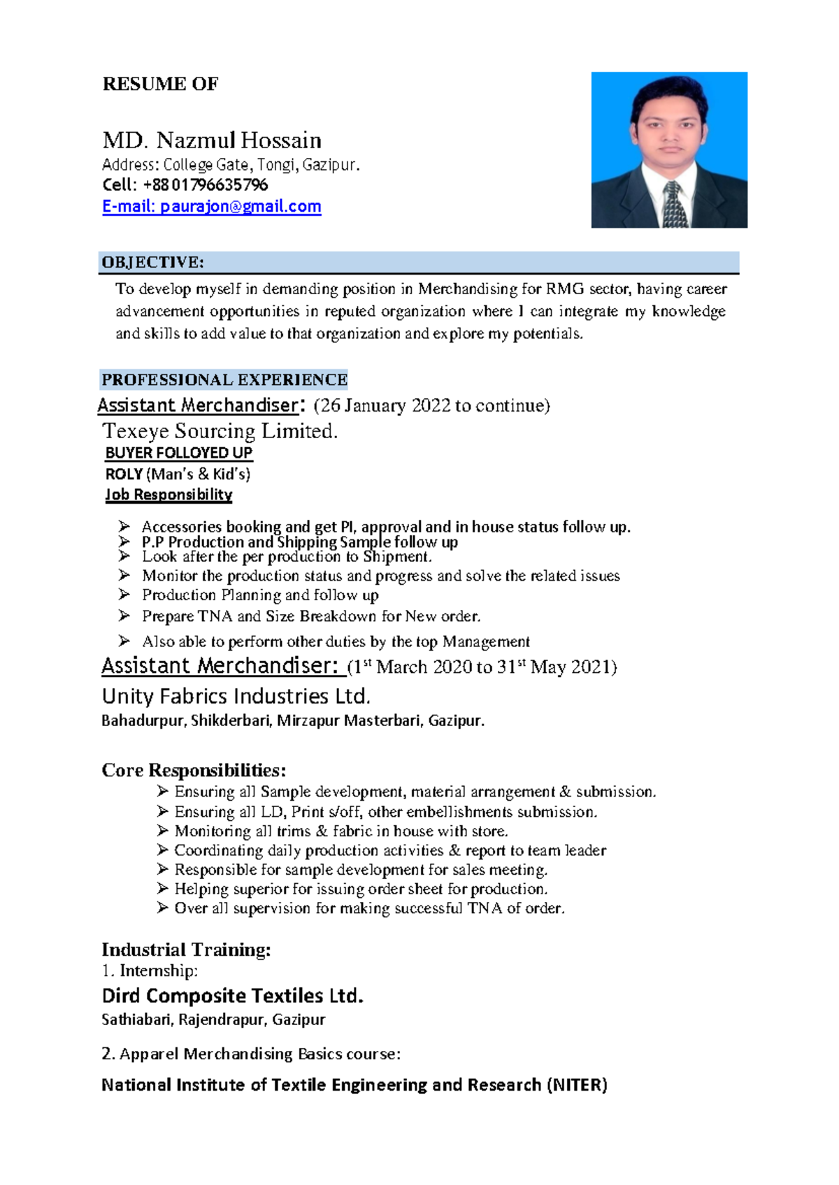 CV OF MD Naznul Hossain - OBJECTIVE: RESUME OF MD. Nazmul Hossain ...