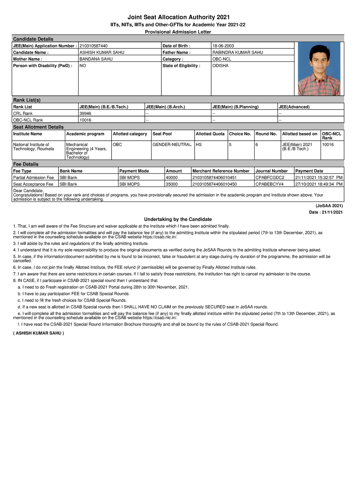 Provisional Admission Letter Joint Seat Allocation Authority 2021 