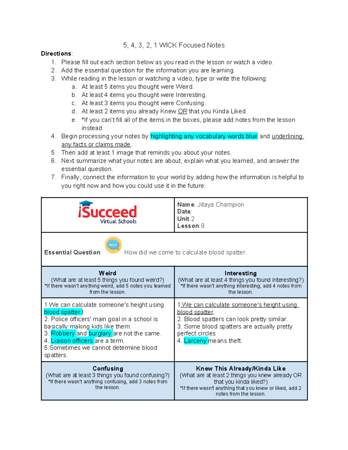 Copy of 5,4,3,2,1 WICK Template - 5, 4, 3, 2, 1 WICK Focused Notes ...