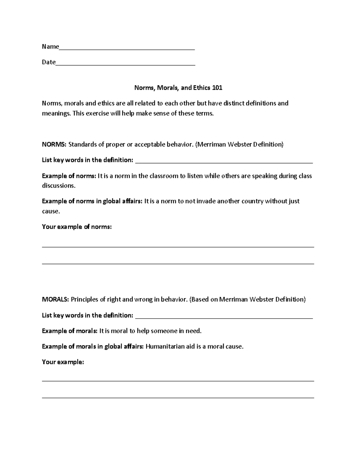 Norms, Morals, and Ethics Worksheet - Name ...