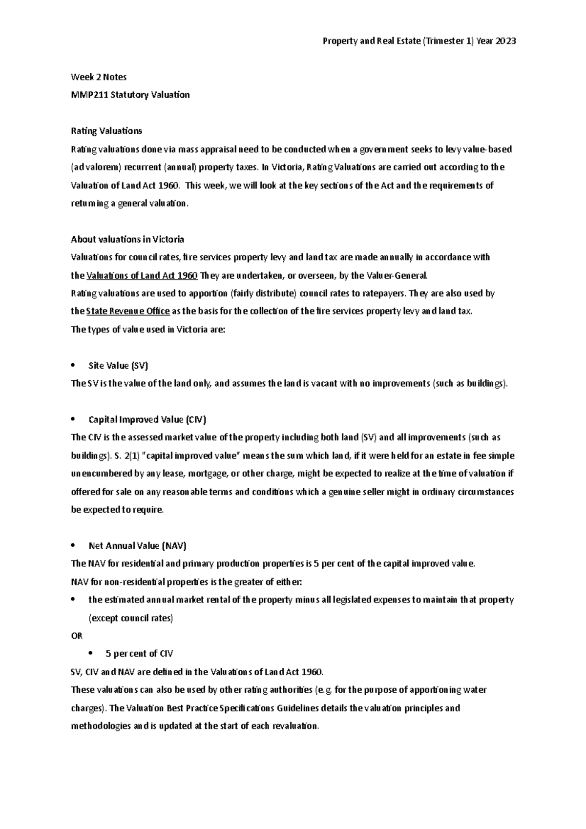 Week 2 Notes MMP211 Statutory Valuation - Property and Real Estate ...
