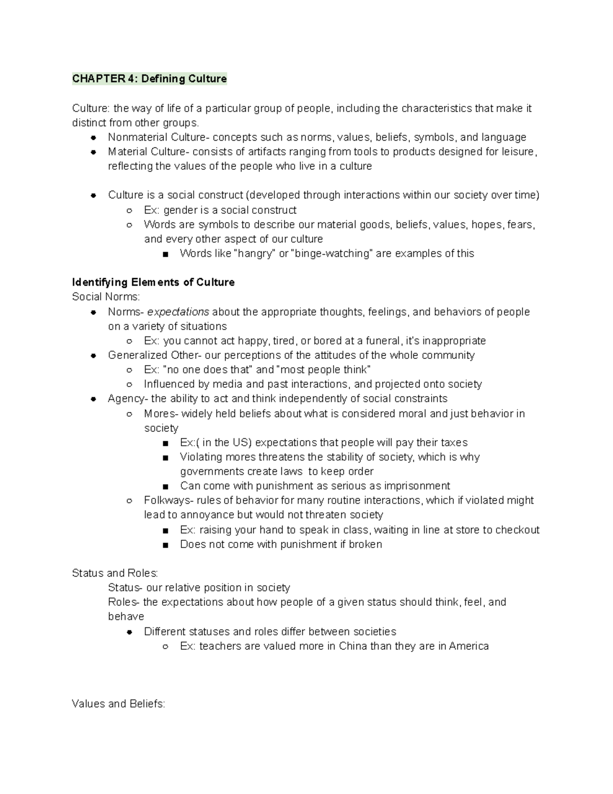 SOC 4 - SOC Lecture Notes Chapter 4 - CHAPTER 4: Defining Culture ...