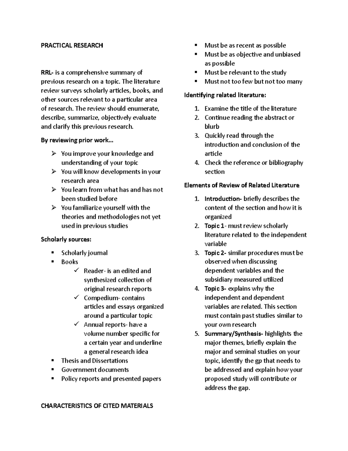 PR1 Notes - PRACTICAL RESEARCH RRL- is a comprehensive summary of ...