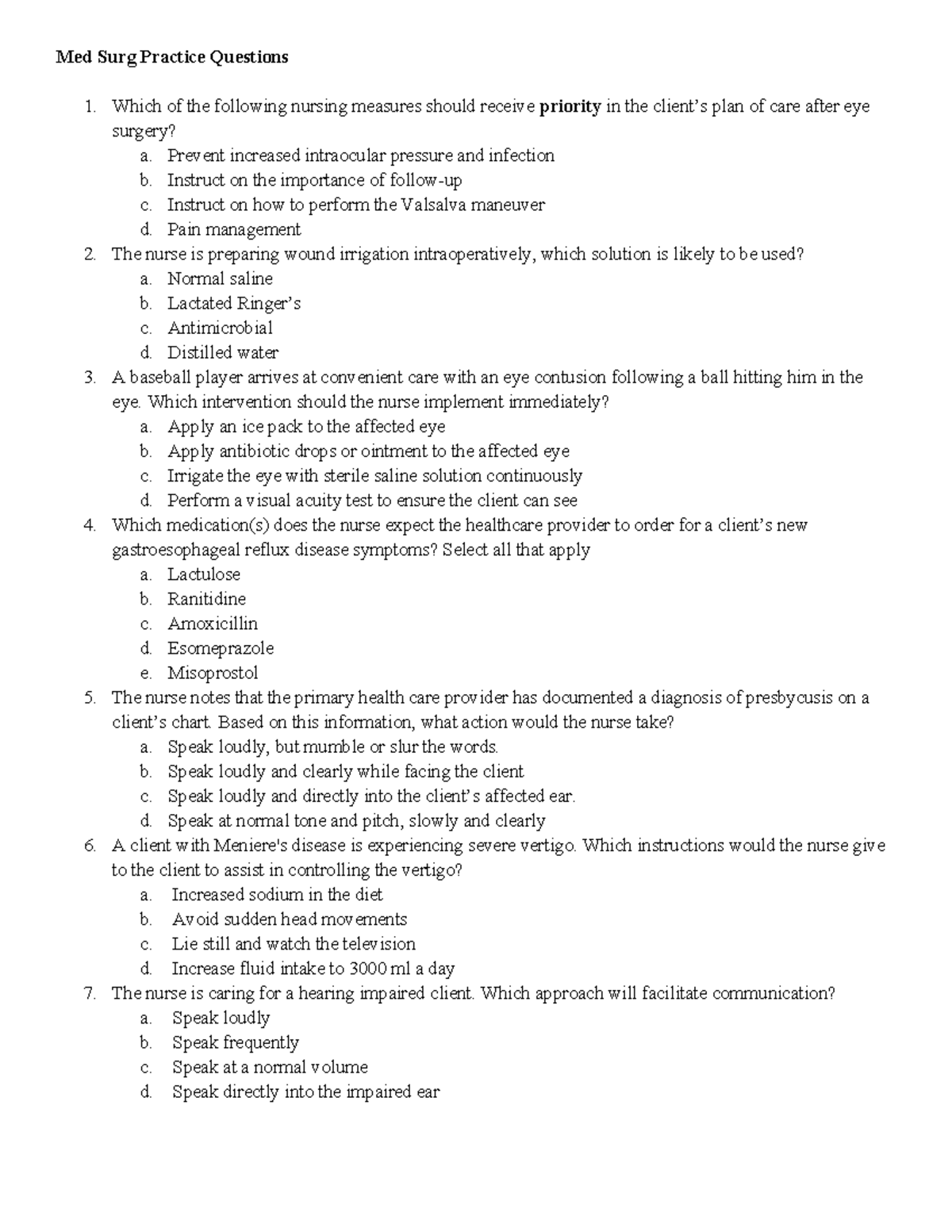 Med Surg Practice Questions - Which of the following nursing measures ...