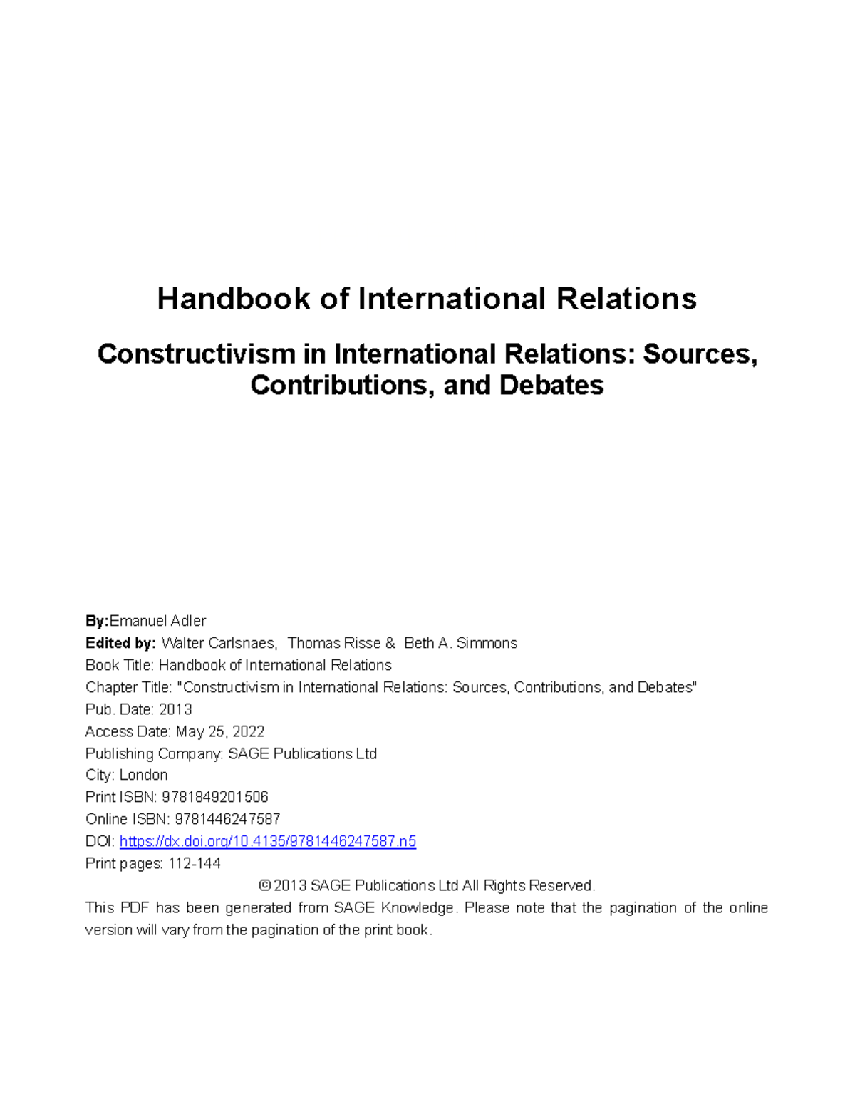 Hdbk Interntlrelations N5 - Handbook Of International Relations ...