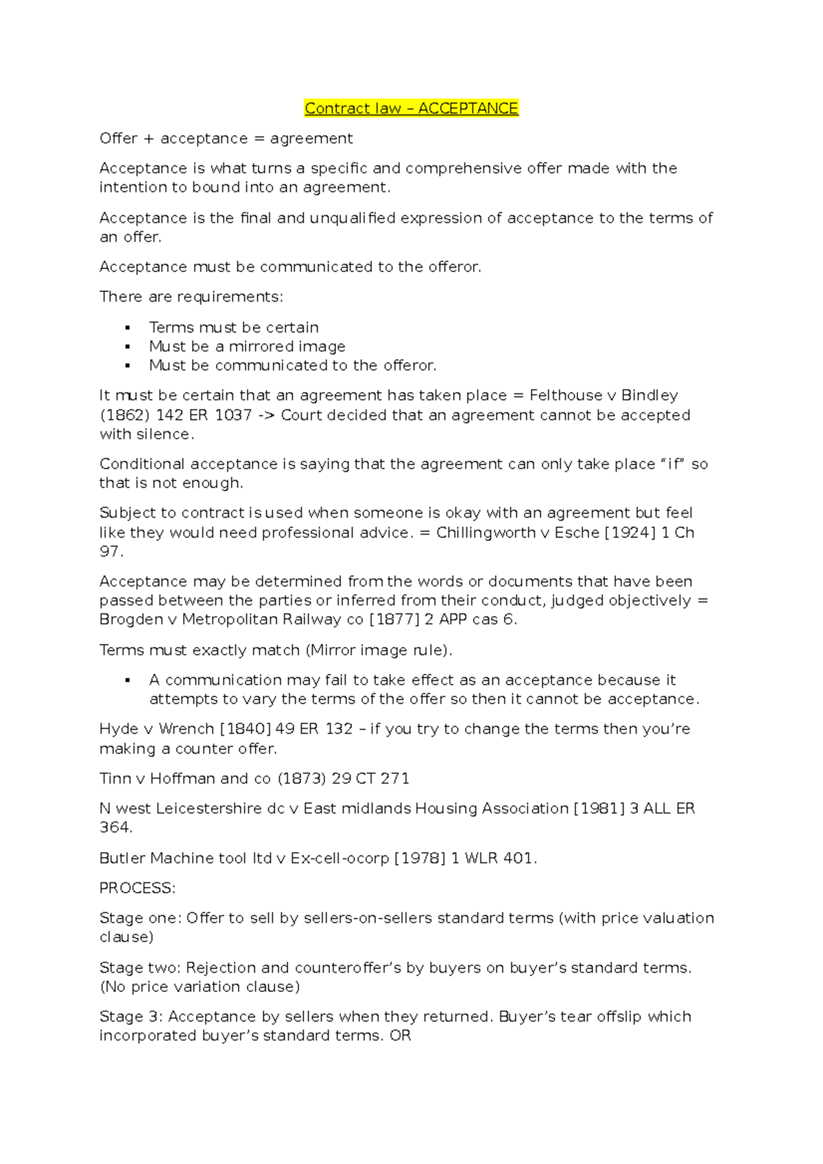 Contract Law Acceptance Contract Law ACCEPTANCE Offer 