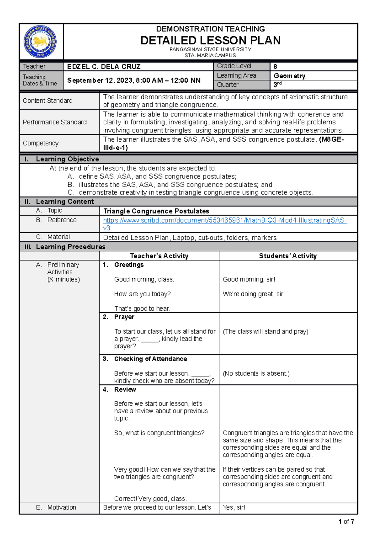 DELA CRUZ Triangle Congruence Postulates - DEMONSTRATION TEACHING ...