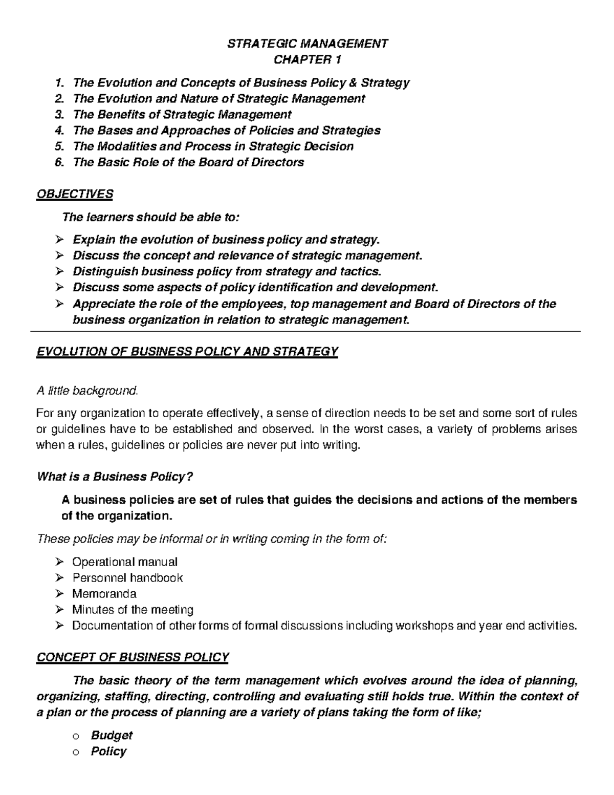 Group 1 BA 316 document copy - STRATEGIC MANAGEMENT CHAPTER 1 The ...