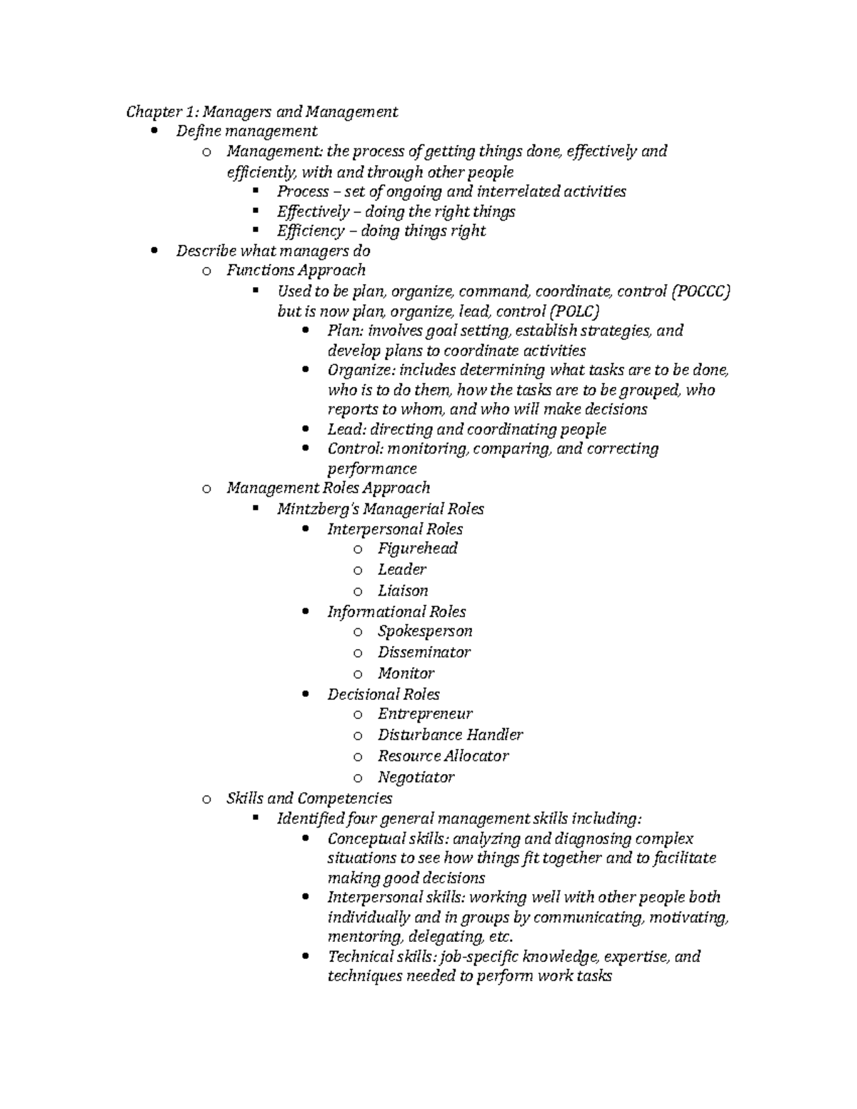 Final Study Guide - Chapter 1: Managers and Management Define ...
