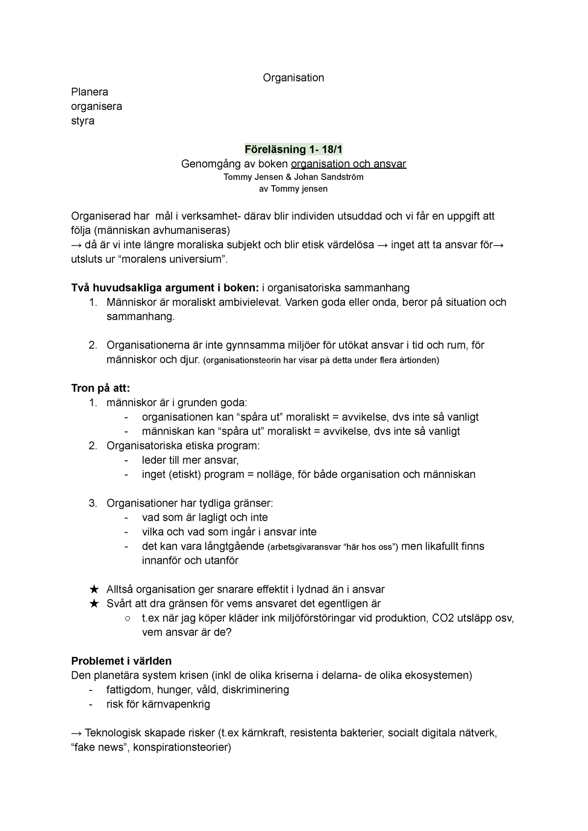 Anteckingar- ORG1-2 - Stockholm Universitet VT22 - Organisation Planera ...