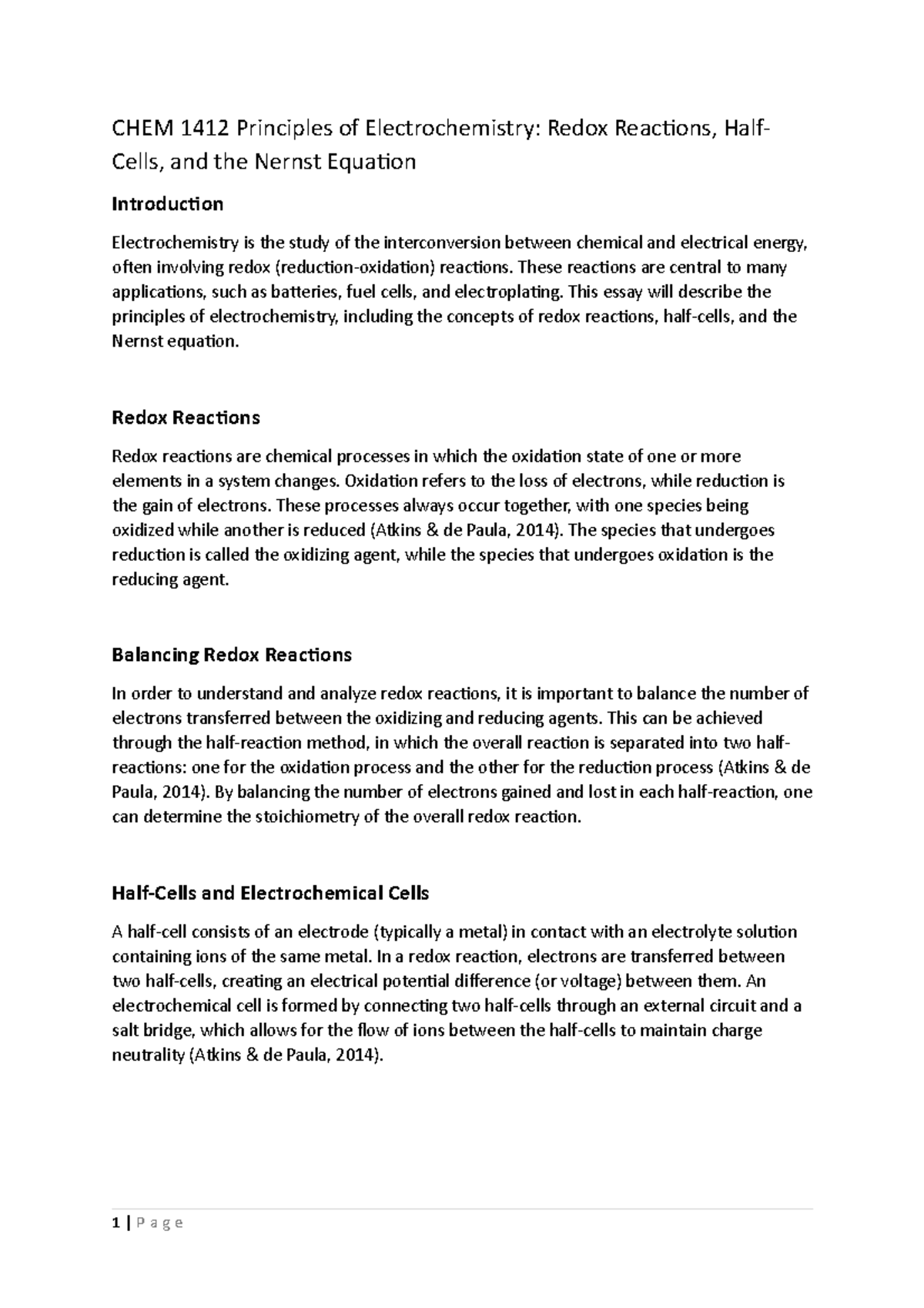 CHEM 1412 Principles Of Electrochemistry - These Reactions Are Central ...