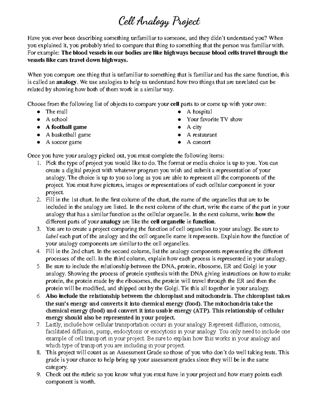 Cell Analogy Project - Ce Analogy Project Have you ever been describing ...