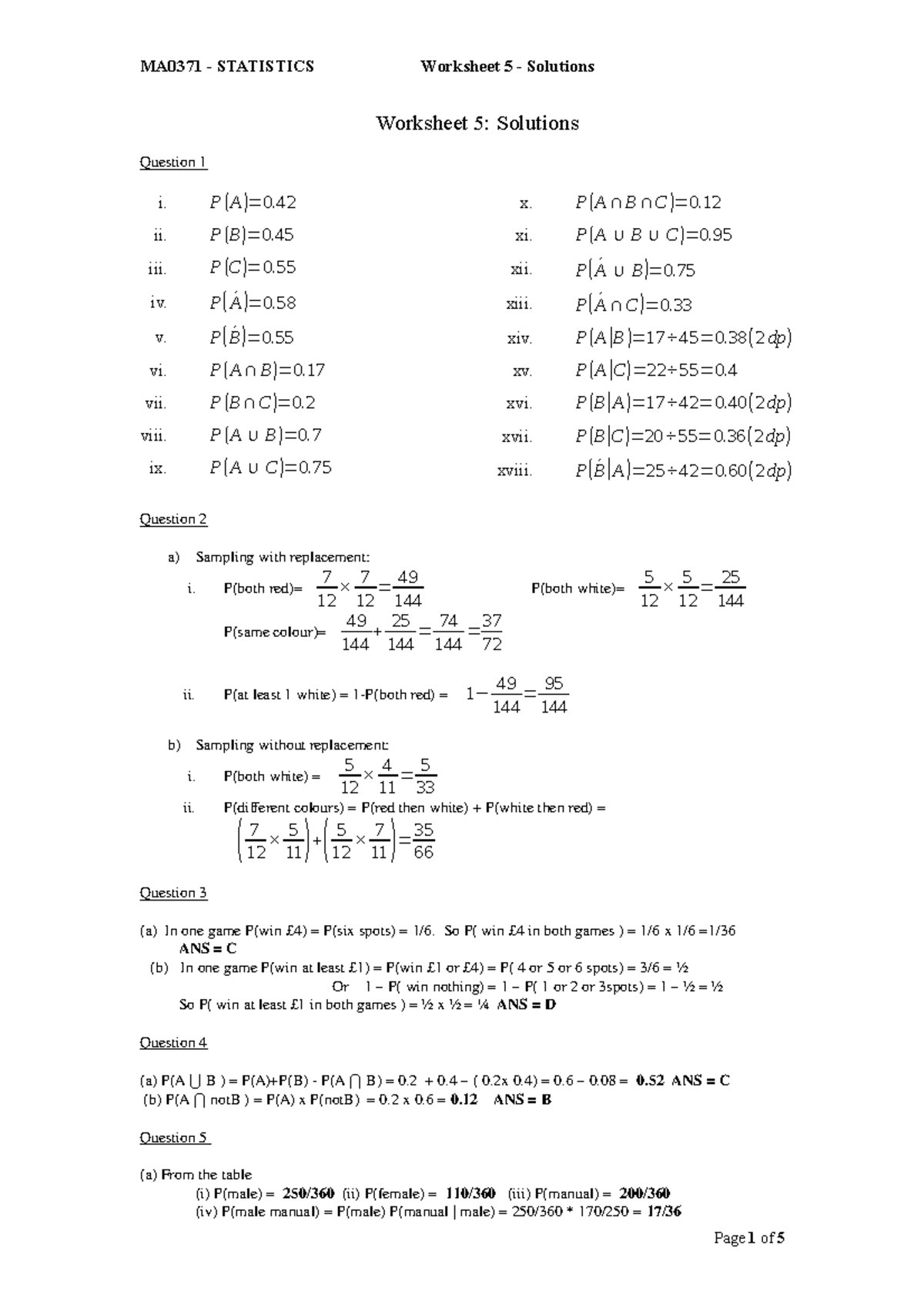Worksheet 05 Solutions - Worksheet 5: Solutions xvi. P ( B | A )= 17 ÷ ...
