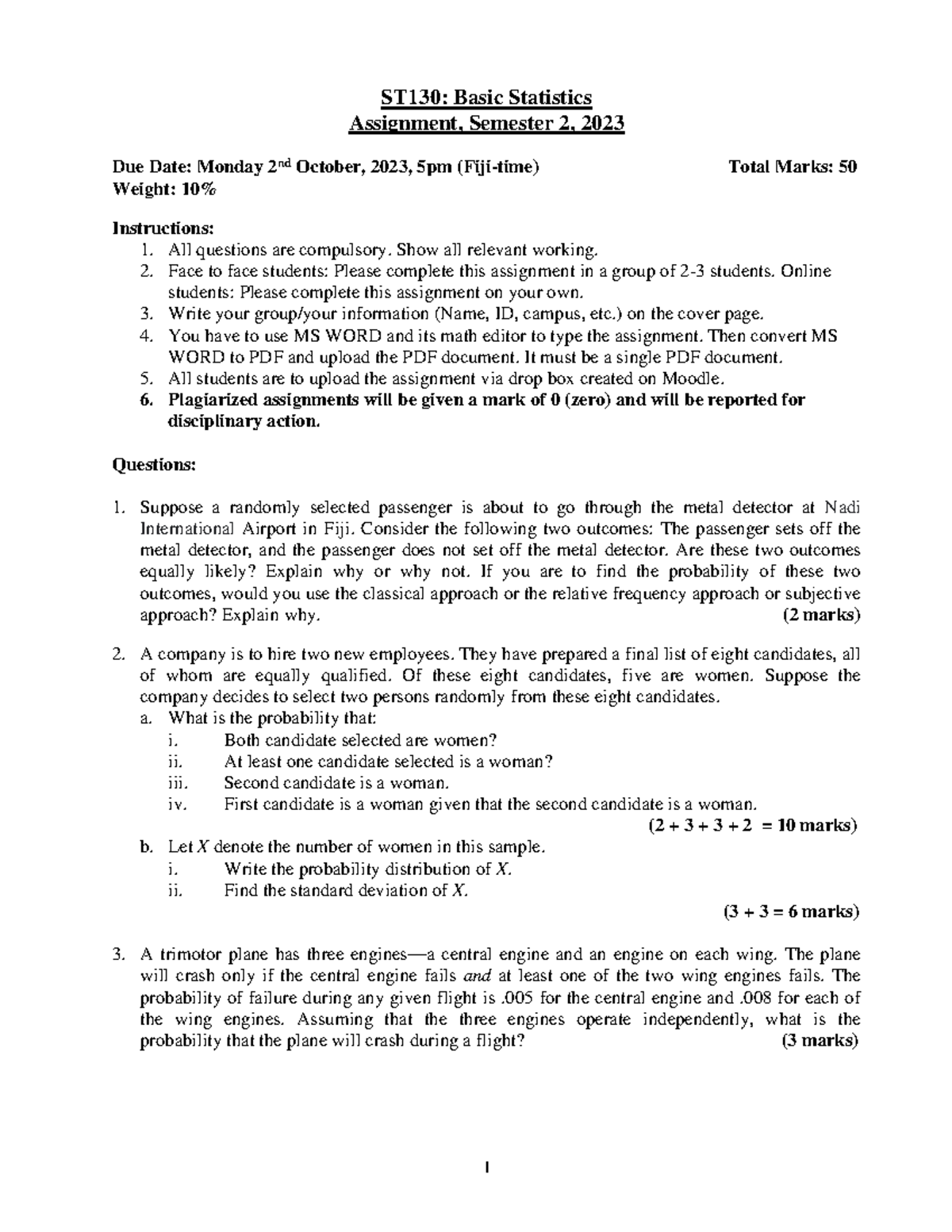 ST130 Assignment S2 2023 - 1 ST130: Basic Statistics Assignment ...