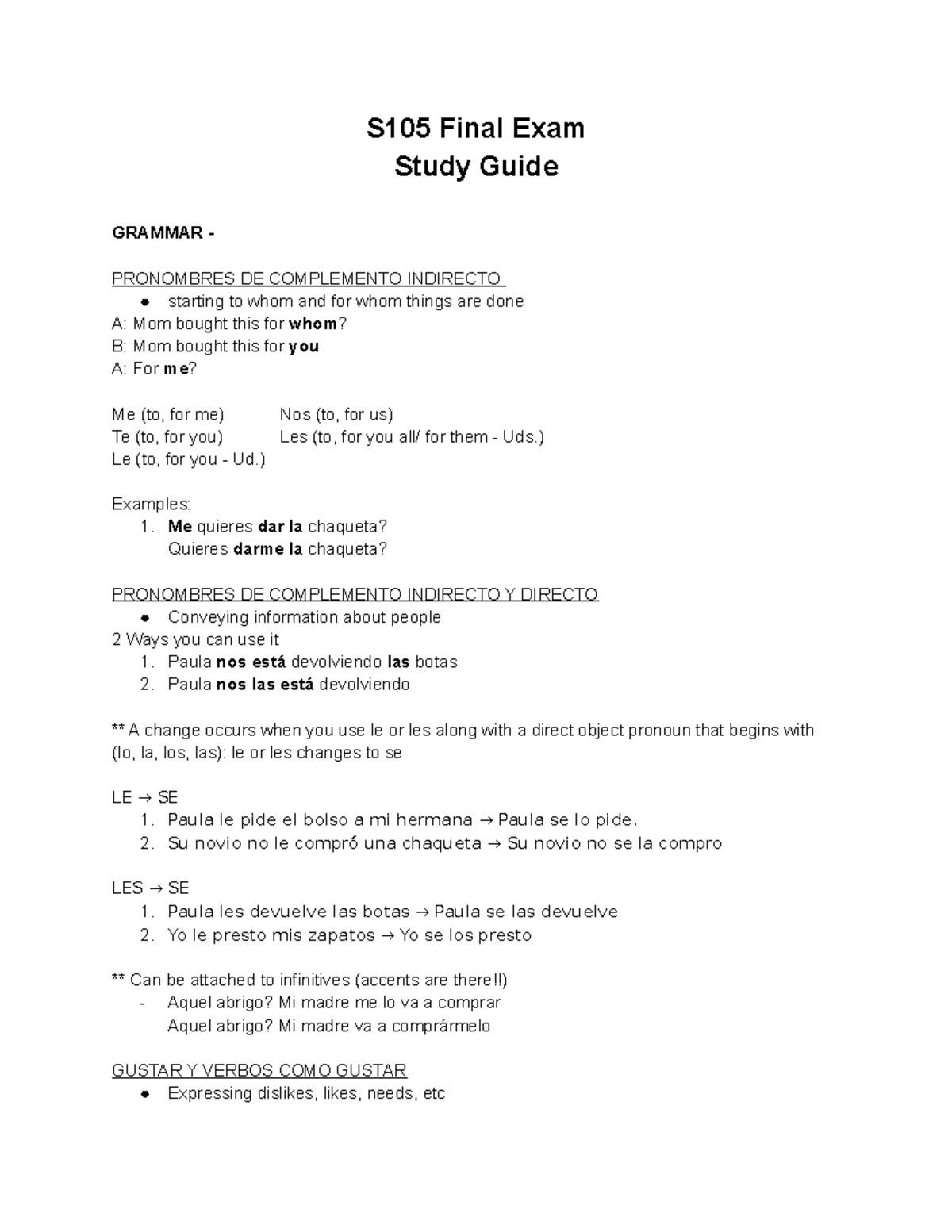 Spanish Final Study Guide - S105 Final Exam Study Guide GRAMMAR ...