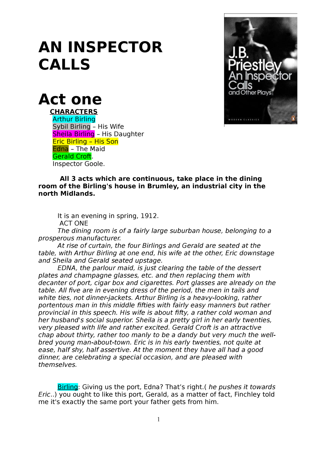 An-Inspector-Calls-Full-Text - AN INSPECTOR CALLS Act One CHARACTERS ...