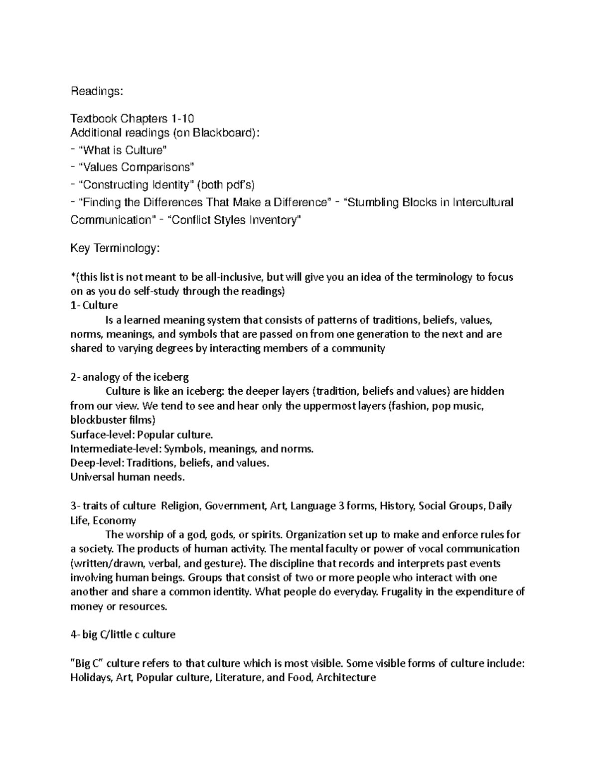 Study guide - Readings: Textbook Chapters 1-10 Additional readings (on ...