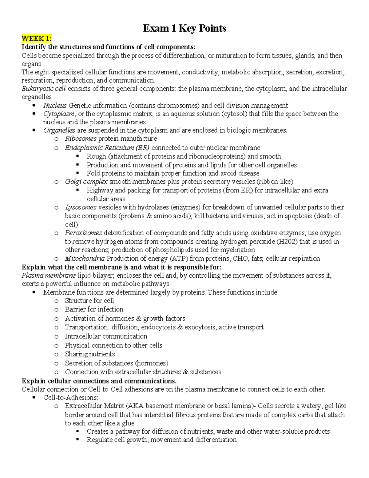 Exam 1 Key Points Study guide test 1 Exam 1 Key Points WEEK 1