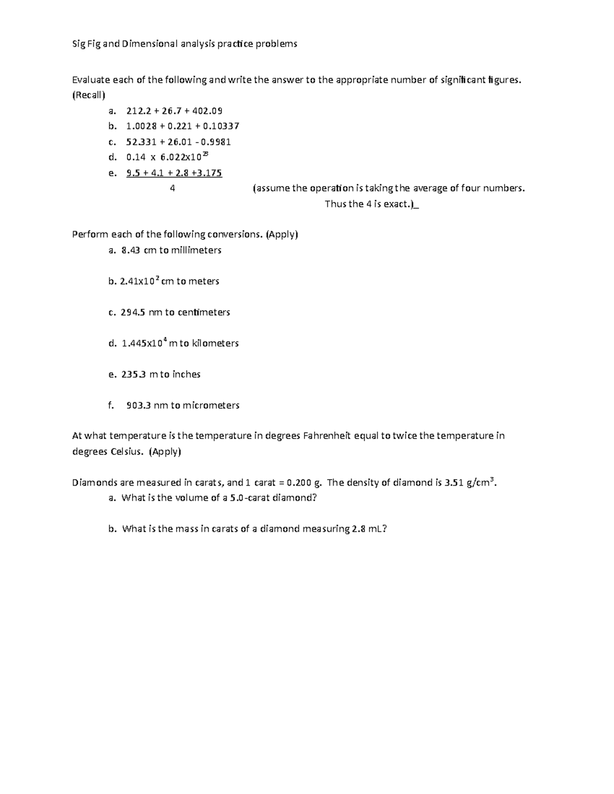 Sig Fig and Dimensional analysis (Recall) a. 212 + 26 + 402.091 + 0