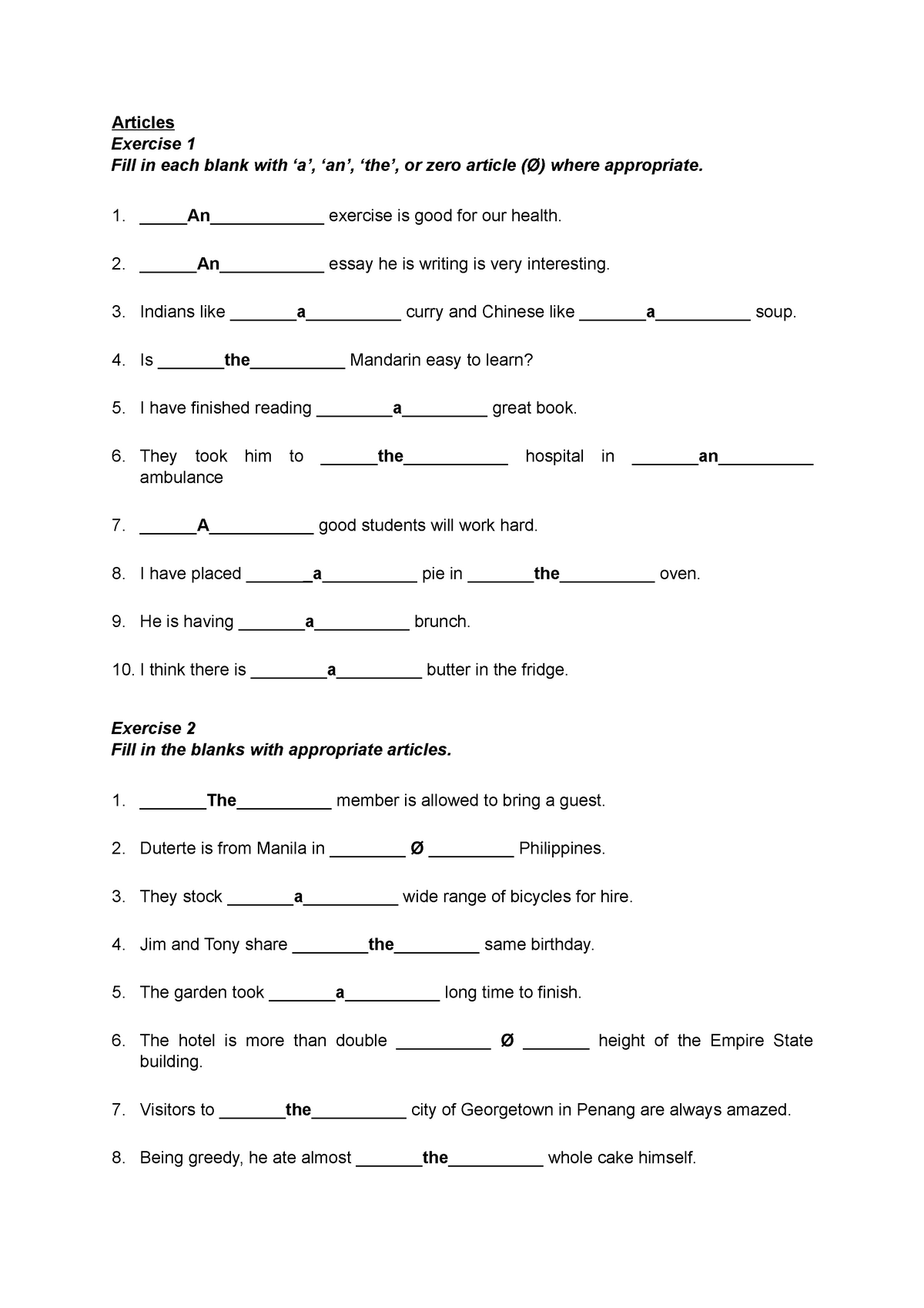 Articles and Quantifiers Final Assignment - Articles Exercise 1 Fill in ...