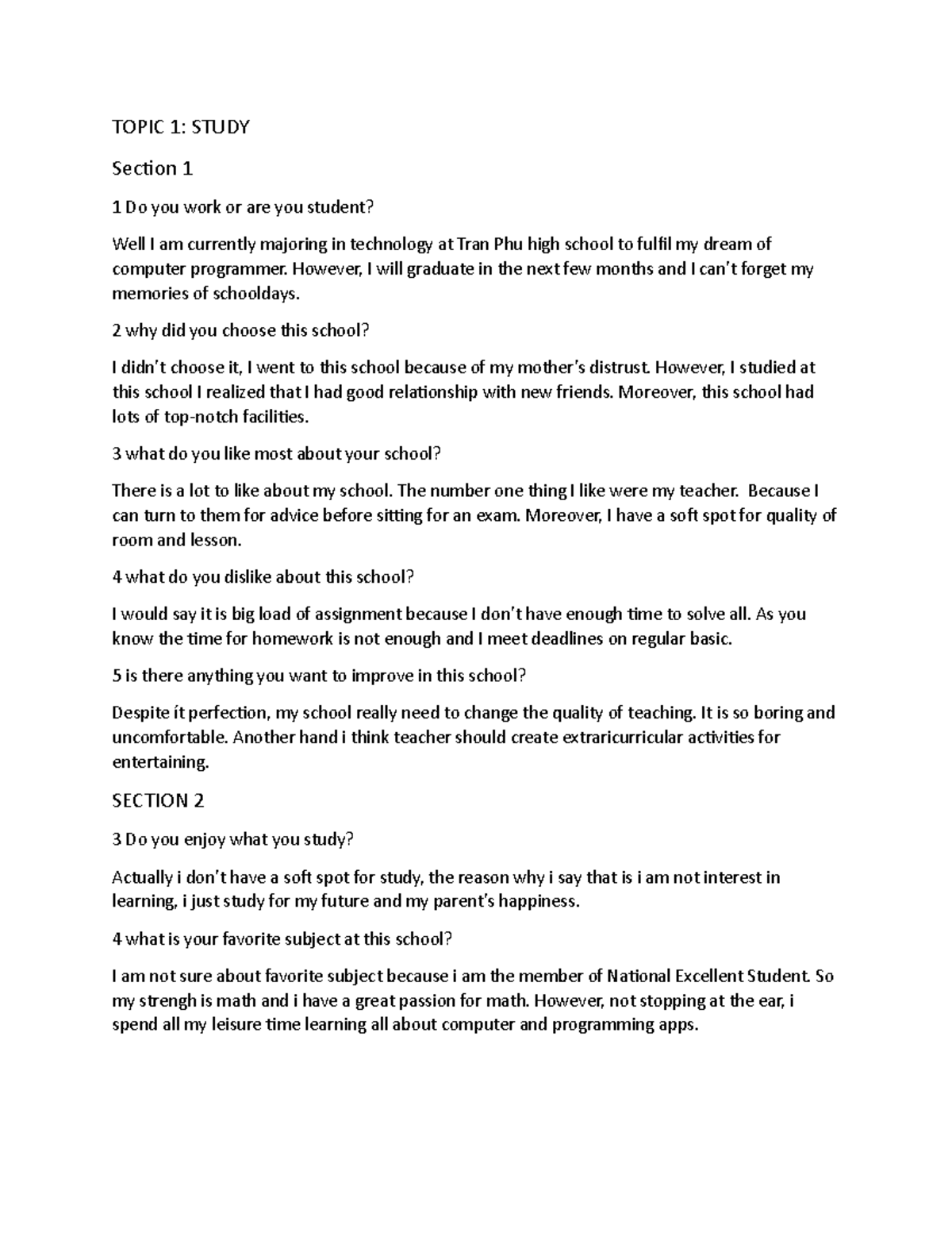 Topic 1 - aaaaaaaaaa - TOPIC 1: STUDY Section 1 1 Do you work or are ...