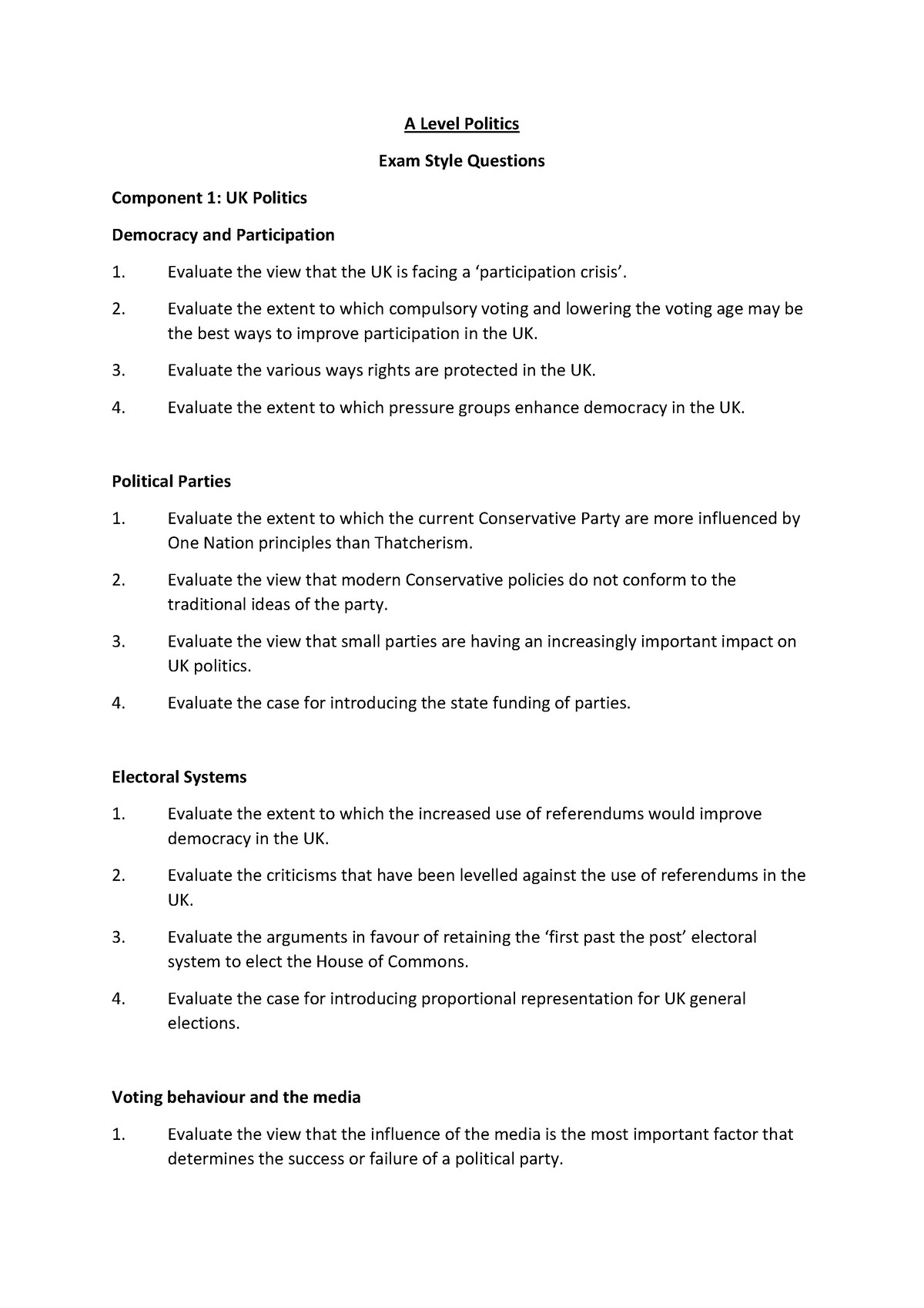 Revision Guidance A Level Politics A Level Politics Exam Style