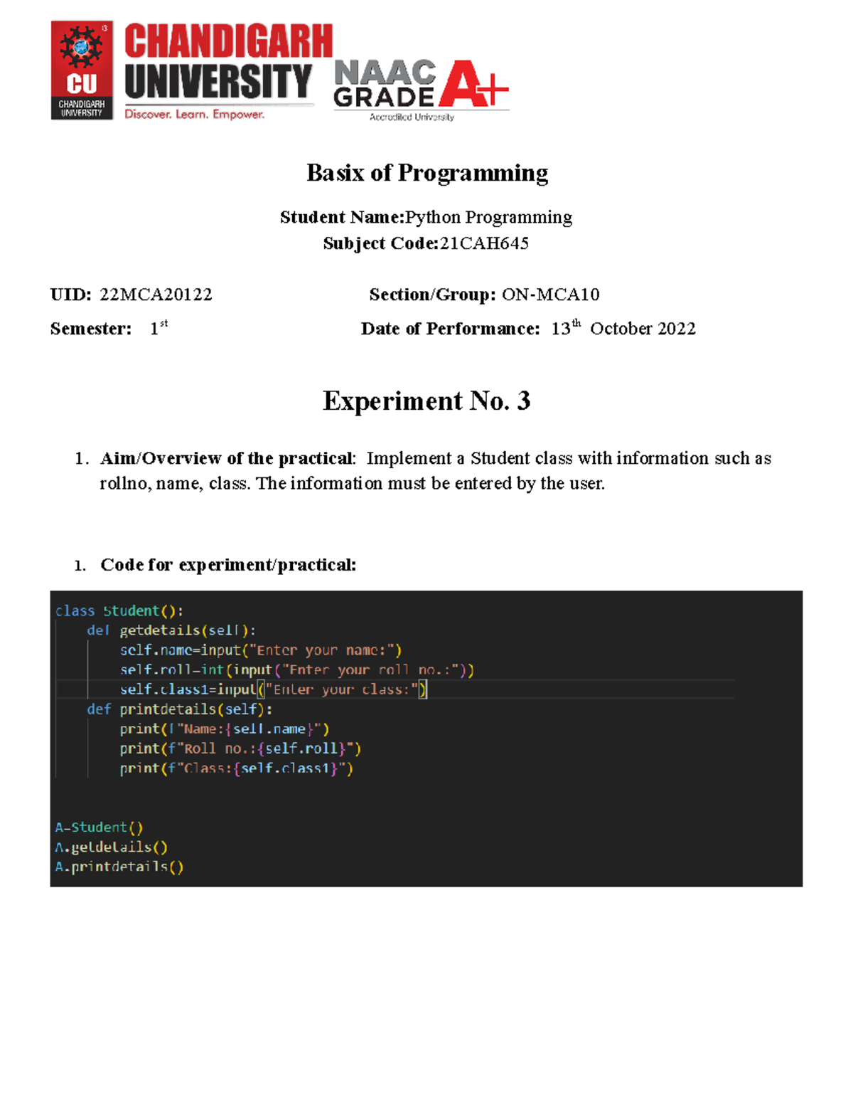 Worksheet-1 - Python Programming - Basix Of Programming Student Name ...