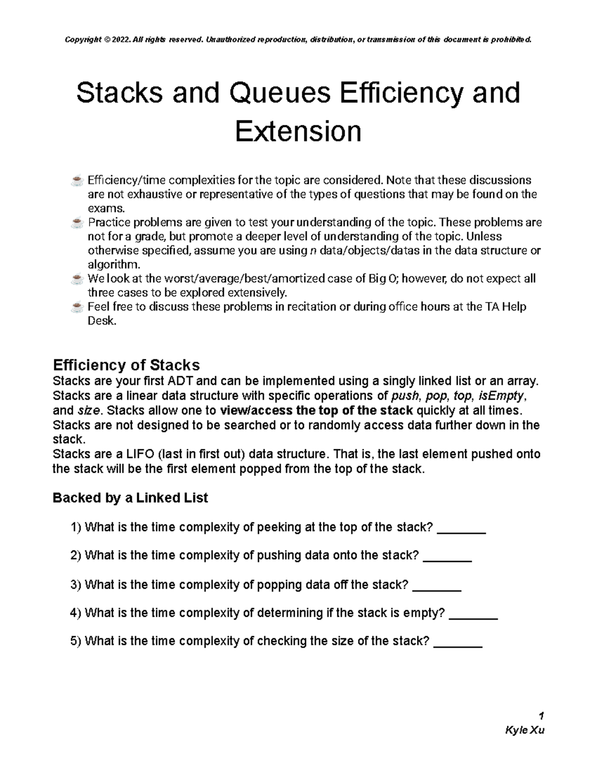 3. Stacks and Queues Efficiency and Extension Worksheet - Stacks and ...