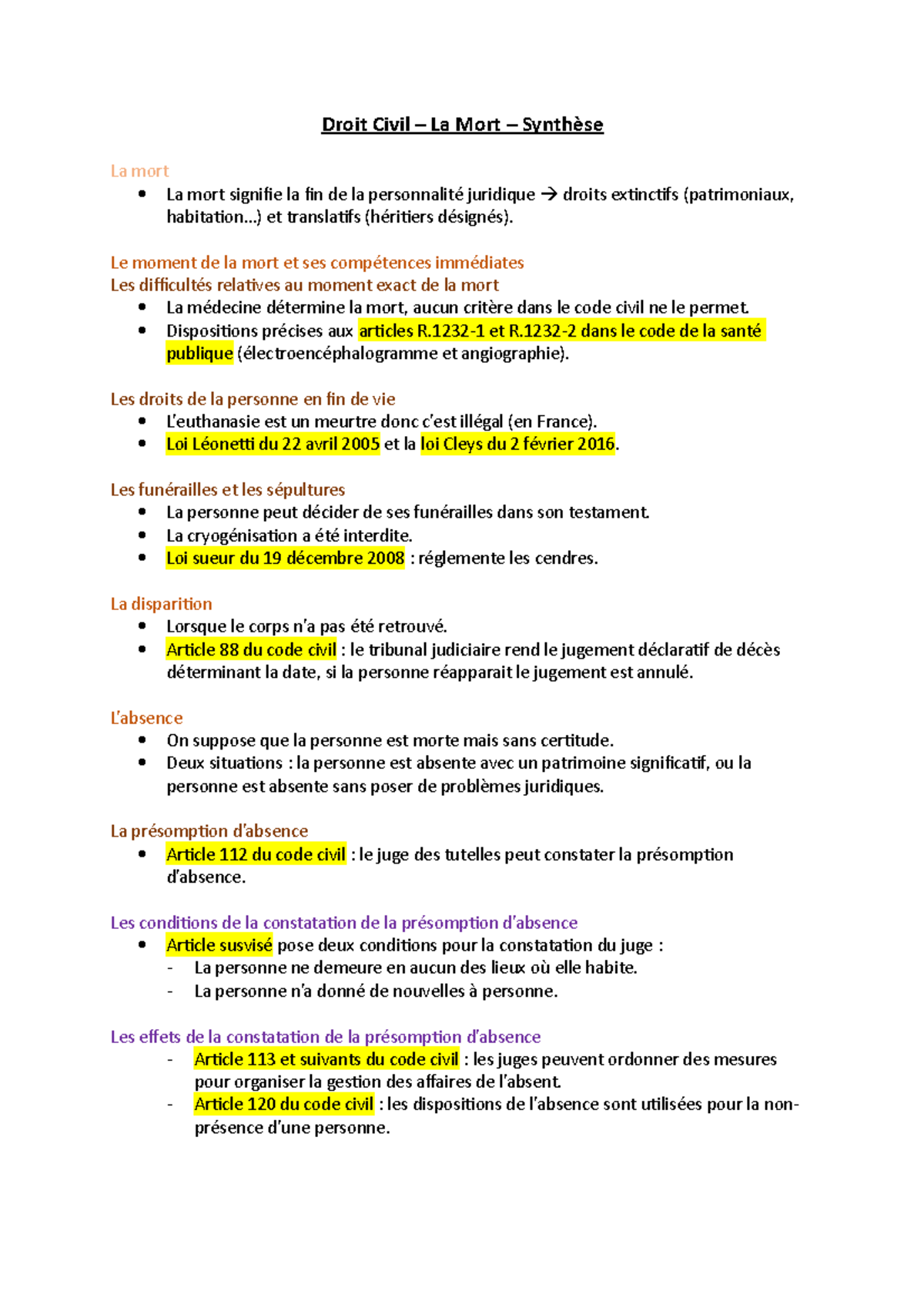 Droit Civil - La Mort - Synthèse - Droit Civil – La Mort – Synthèse La ...
