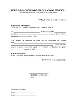 Modelo de Solicitud de Certificado de Estudios y Examen de Subsanación CEBA  107 - MODELO DE - Studocu