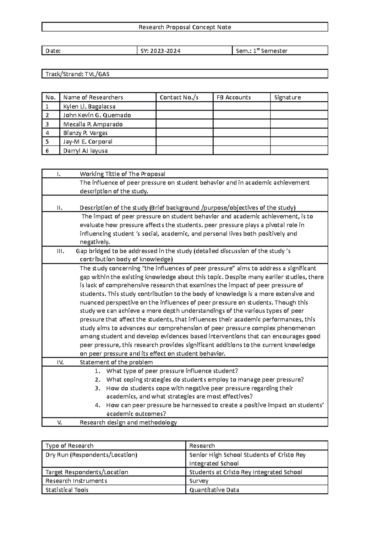 Research Proposal Concept Note - : 1st Semester Track Strand: Tvl Gas 