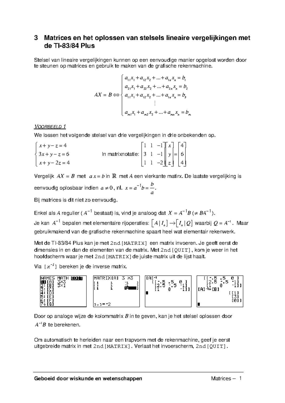 Matrices En Het Oplossen Van Stelsels Lineaire Vergelijkingen Met TI84 ...