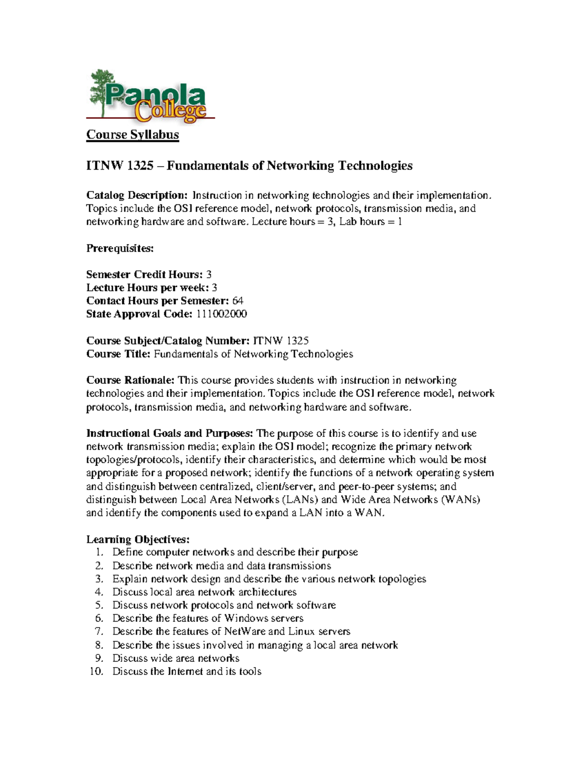 Itnw1325 Course Syllabus ITNW 1325 Fundamentals of Networking