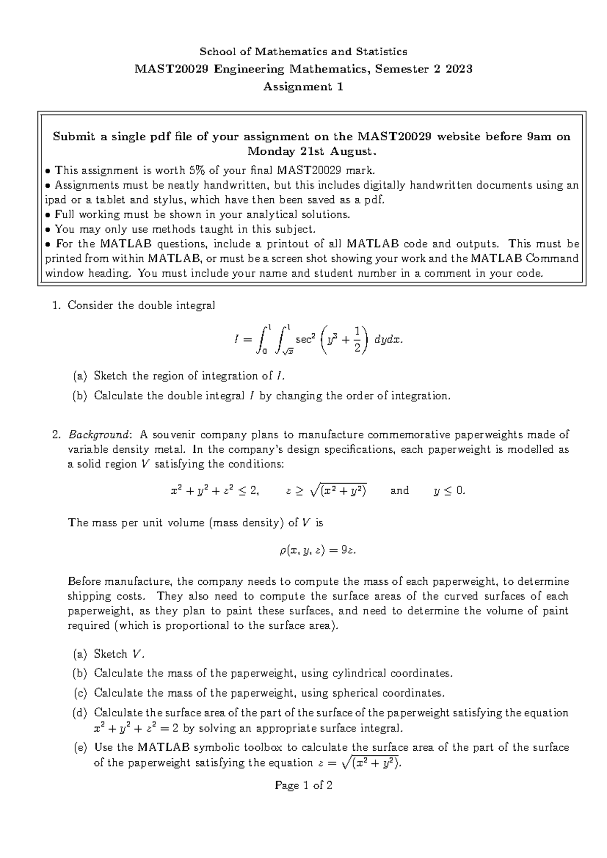 MAST2002 9 Assignment+1++s2+2023 - School of Mathematics and Statistics ...