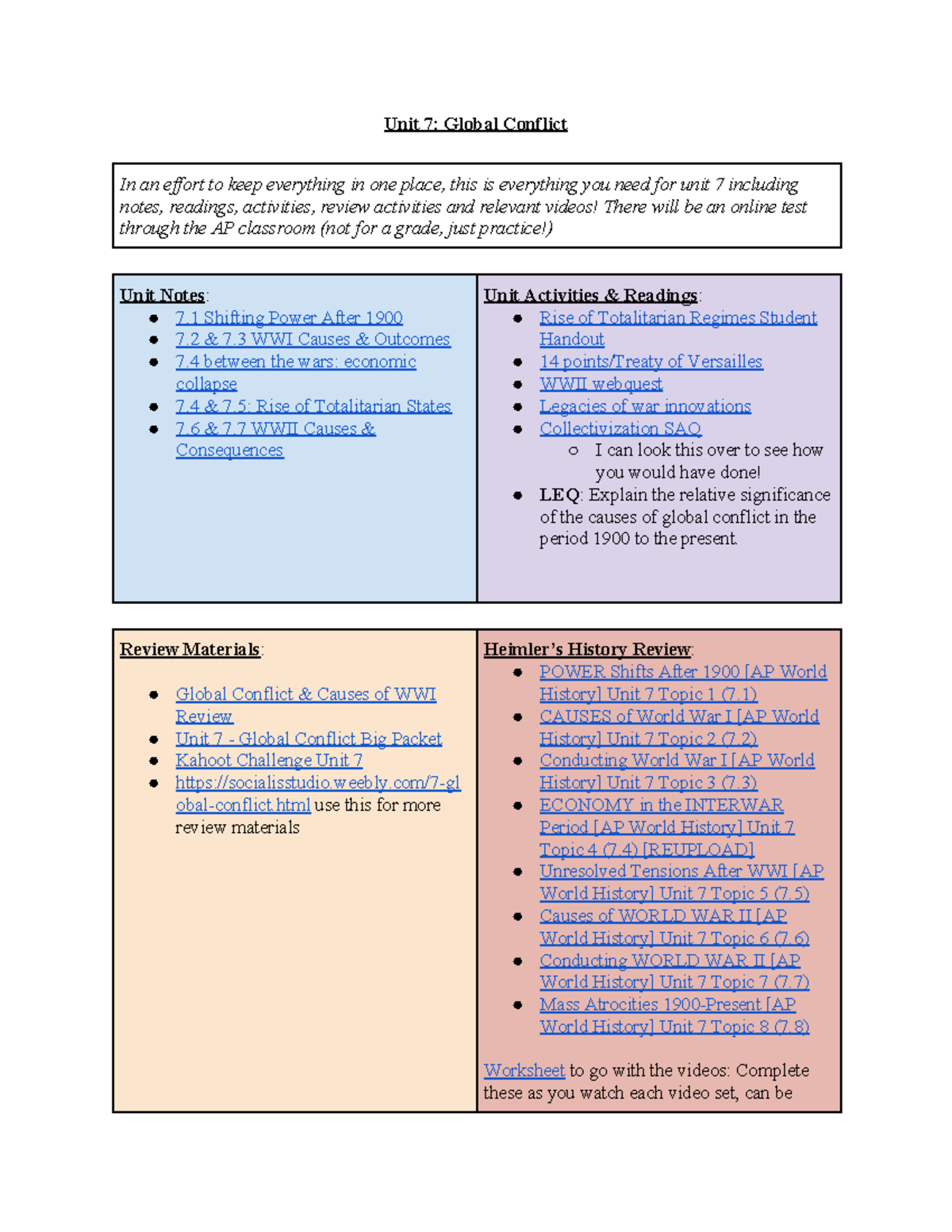 Unit 7 At A Glance At Home - Unit 7: Global Conflict In An Effort To ...