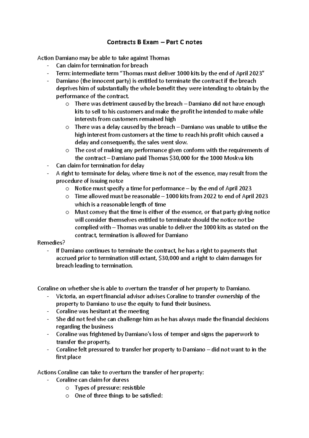 Contracts B Exam - Exam Notes - Contracts B Exam – Part C Notes Action ...