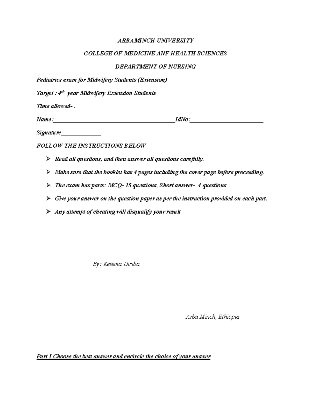 AMU COC exam comprensive - ARBAMINCH UNIVERSITY COLLEGE OF MEDICINE ANF ...