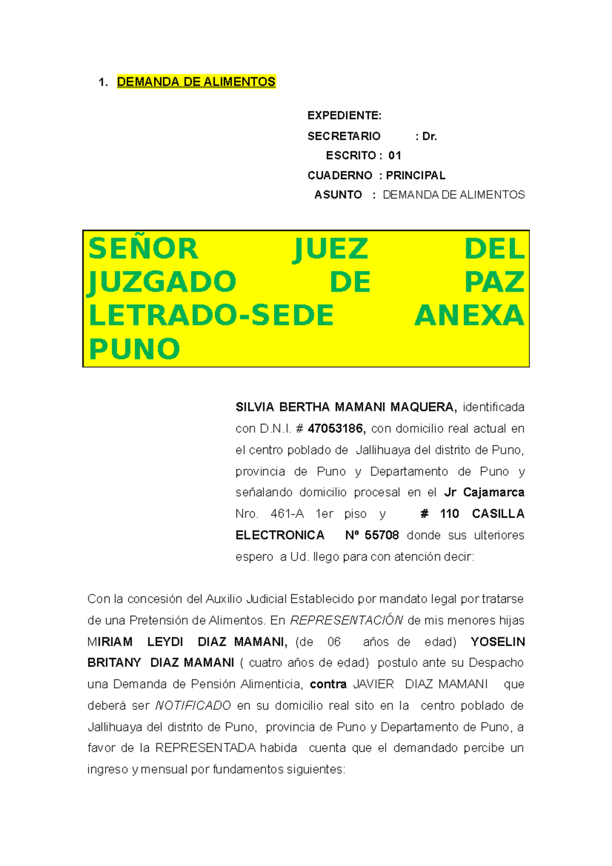 Demanda De Alimentos Apuntes 3 1 Demanda De Alimentos Expediente Secretario Dr Escrito 1109