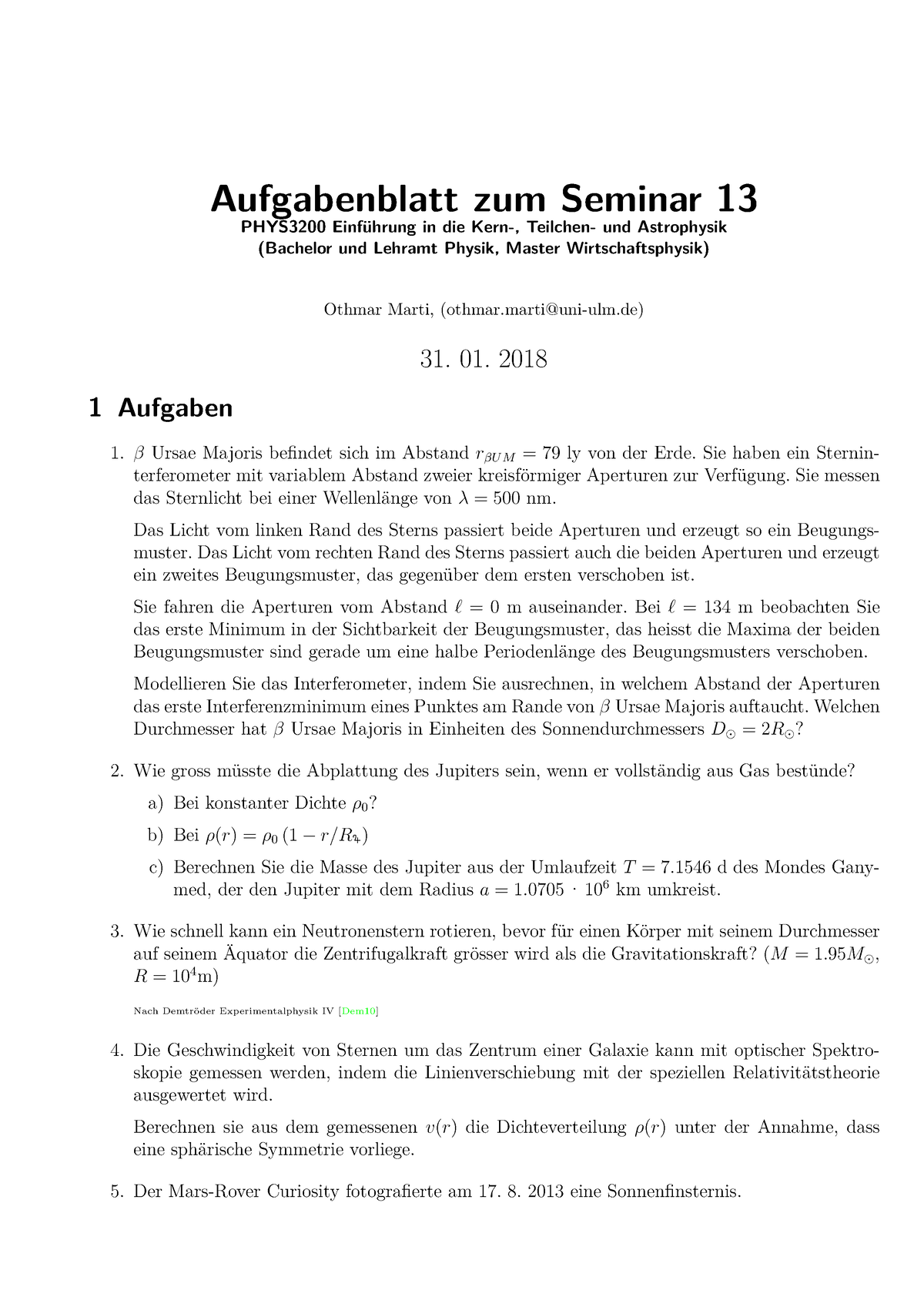 Aufgabenblatt 13 Zu Den Seminaren Vom 31. 01. 2018 Mit L”sungen ...