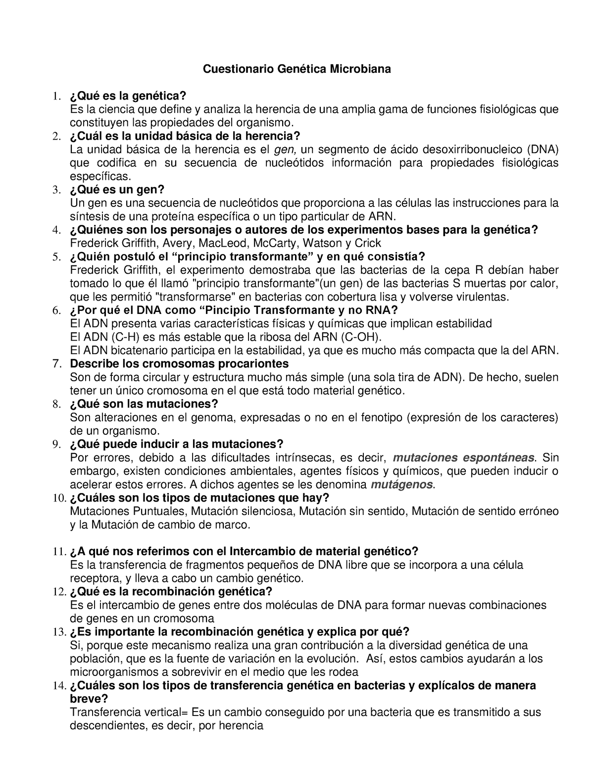 Cuestionario Genética - Cuestionario Genética Microbiana ¿Qué Es La ...