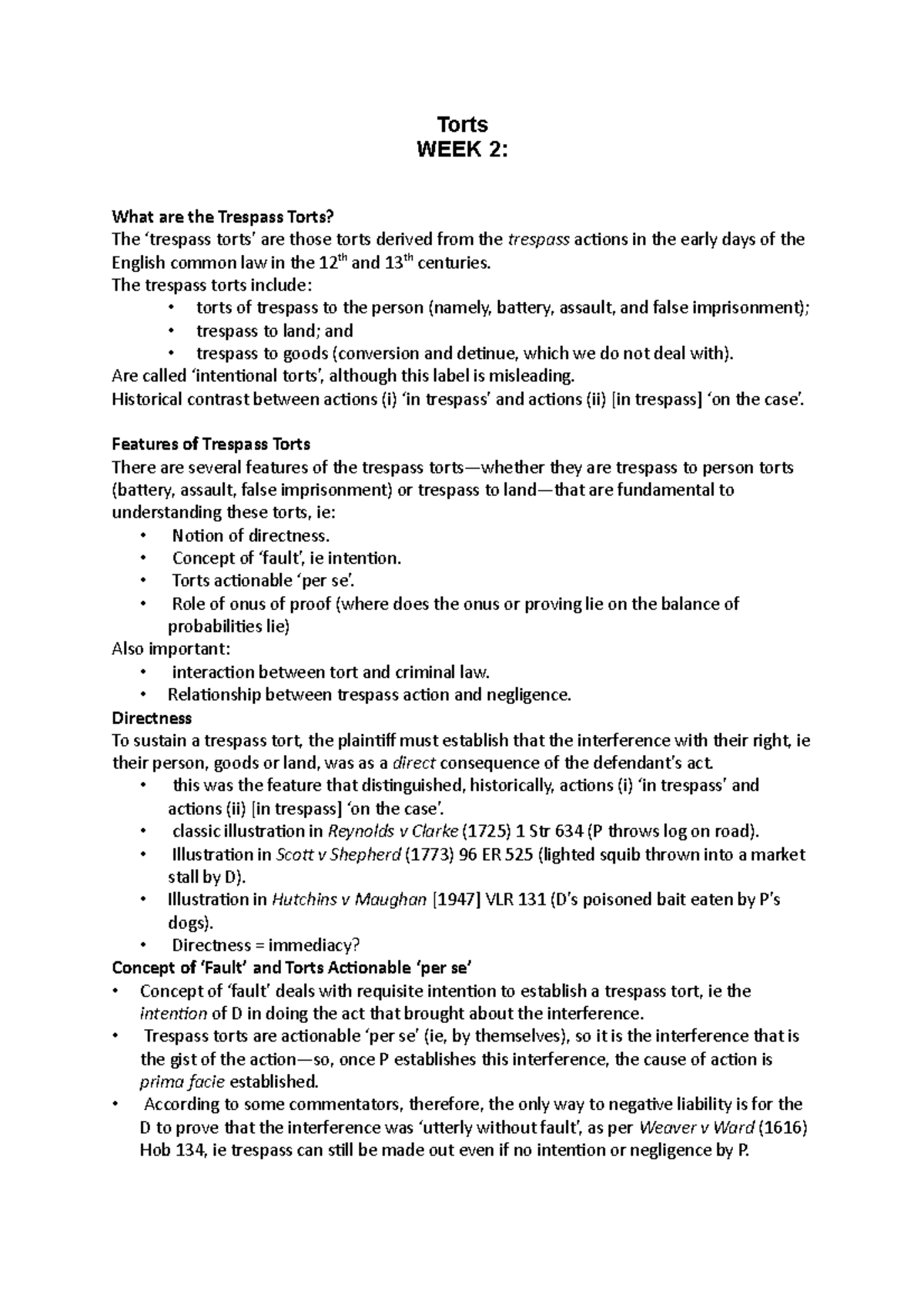 MLL213 Tort Notes AT1 - Torts WEEK 2: What are the Trespass Torts? The ...