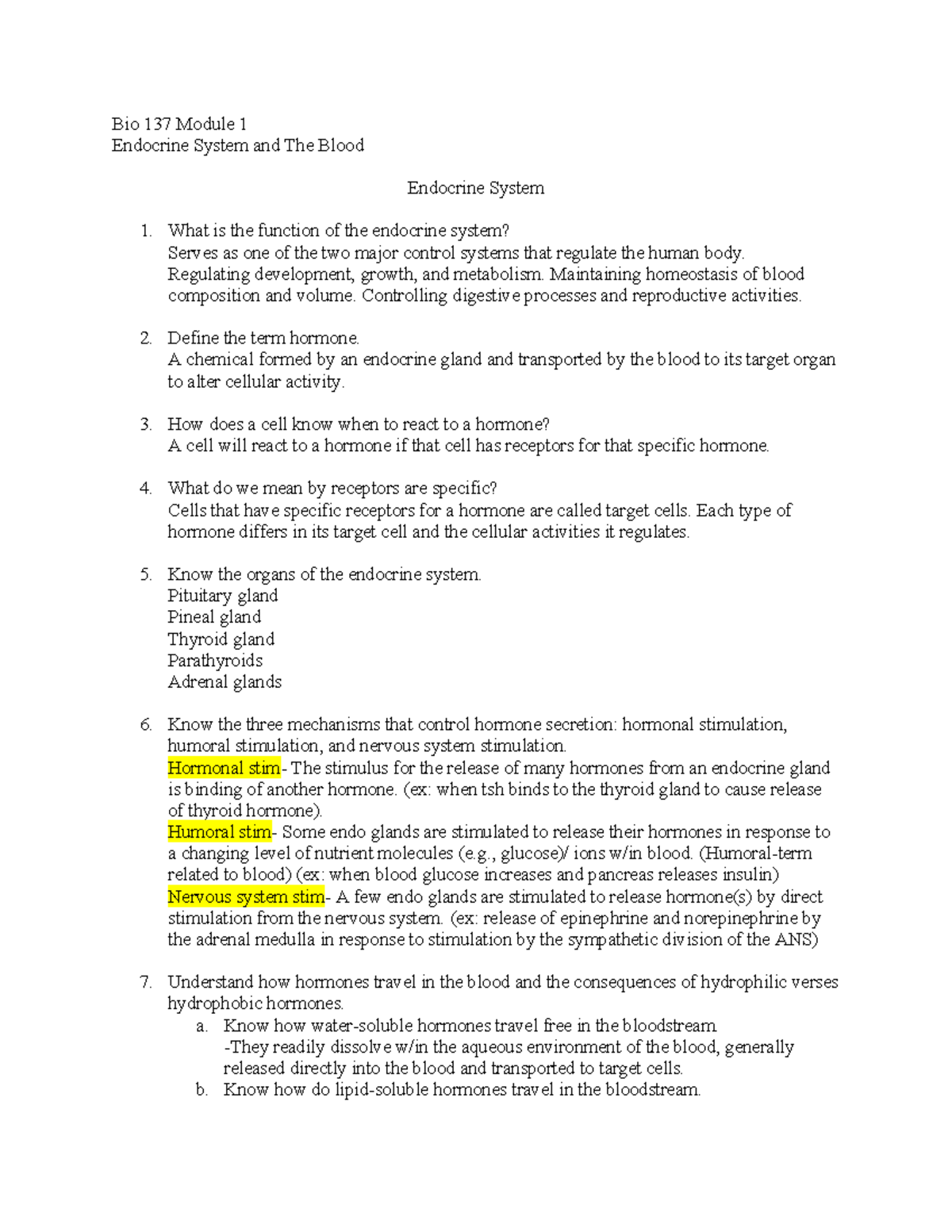 Module 1 Study Guide Endocrine And Blood - Bio 137 Module 1 Endocrine ...