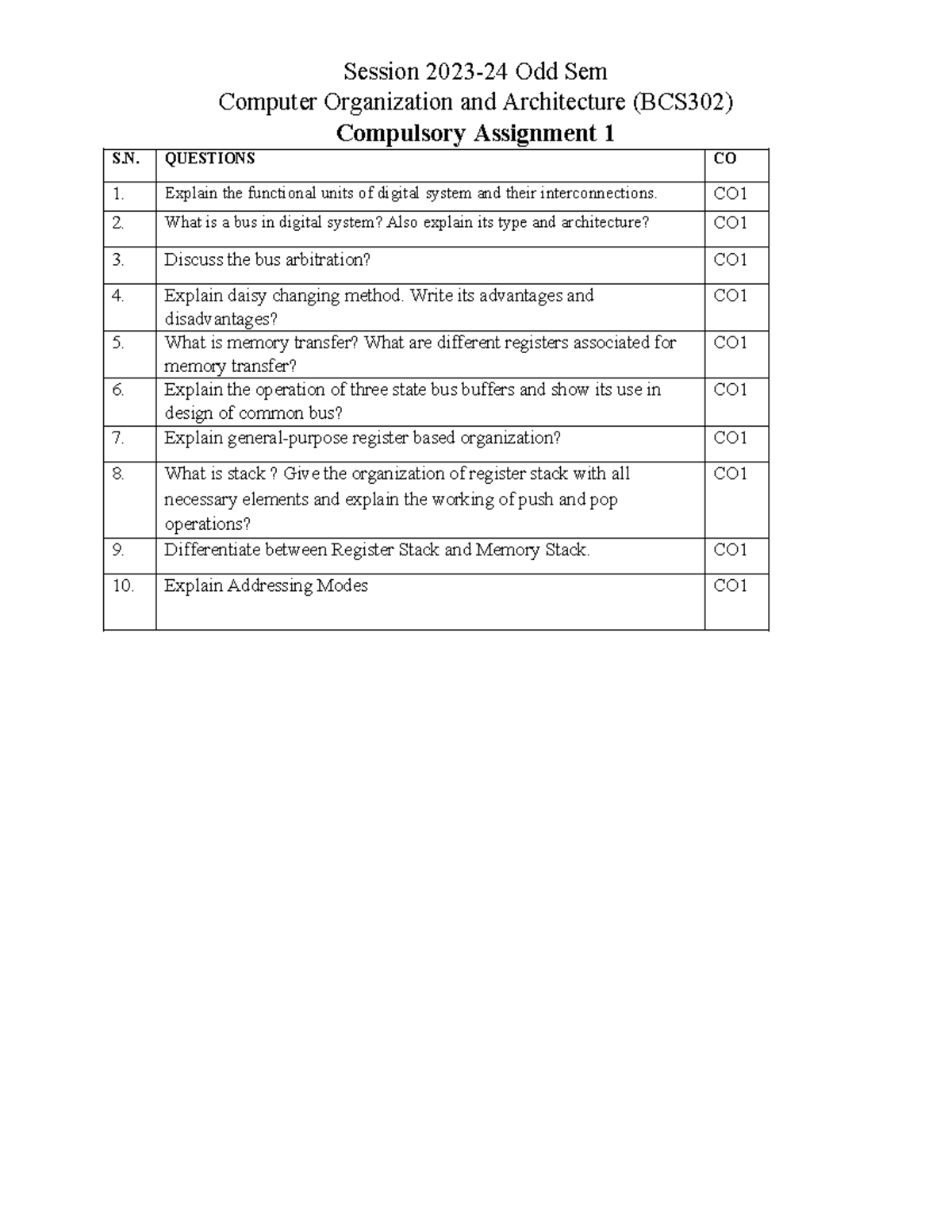 COA Compulsory Assignment 1 - Session 2023-24 Odd Sem Computer ...