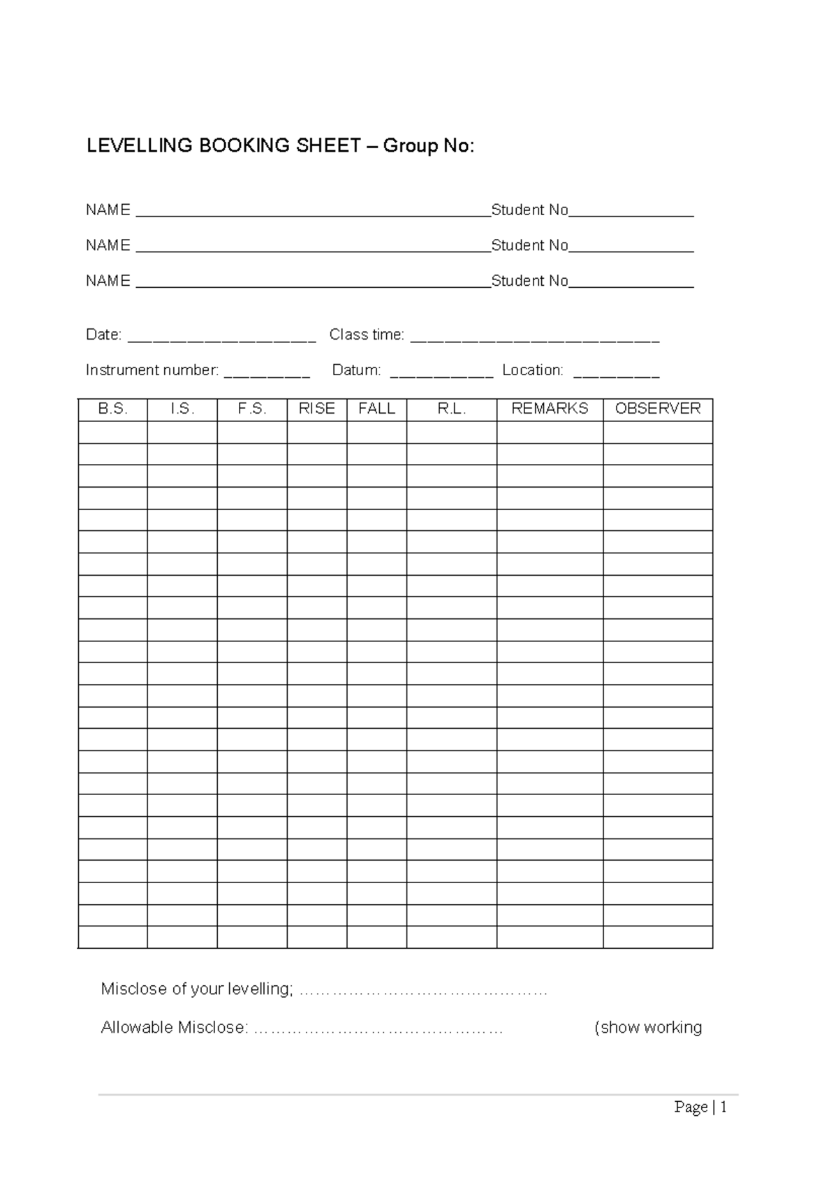 Levelling Booking Sheet – Group No: Instrument Details and Observations ...