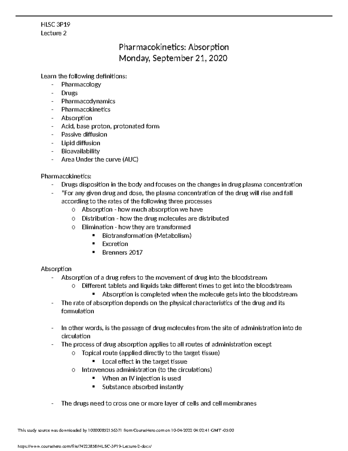 HLSC 3P19 Lecture 2 - Lecture 2 Pharmacokinetics: Absorption Monday ...