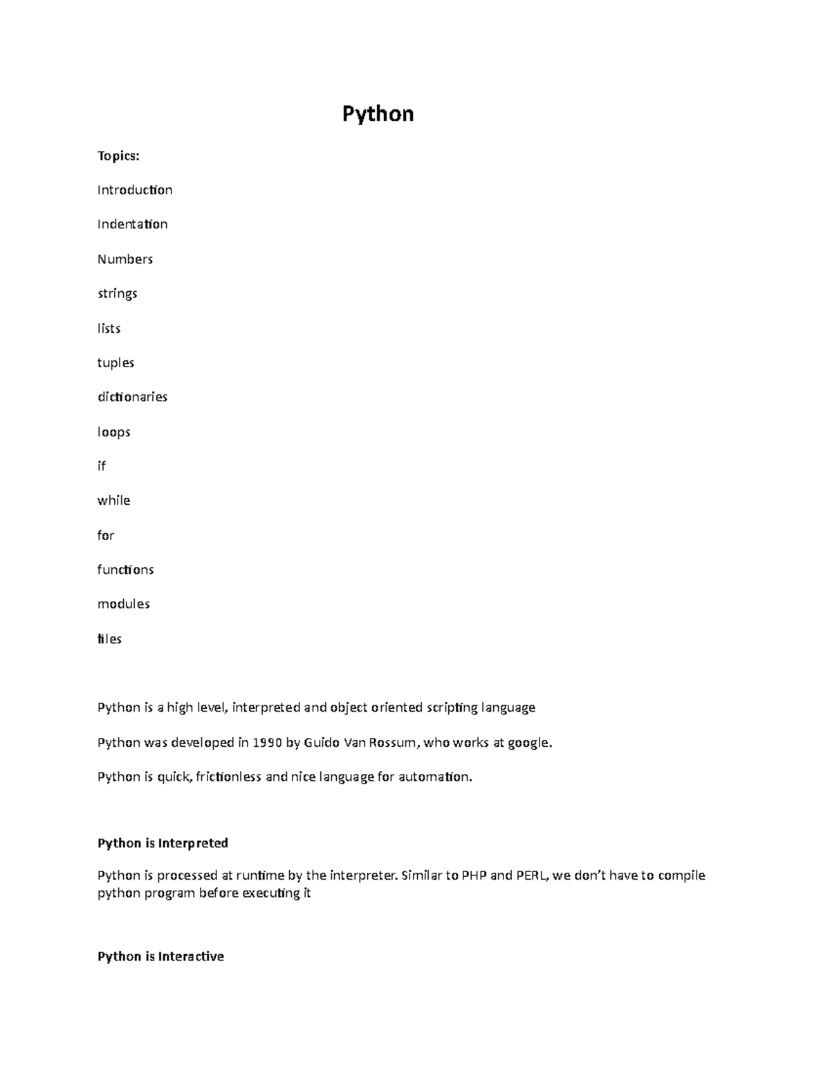 Python - Notes - Python Topics: Introduction Indentation Numbers ...