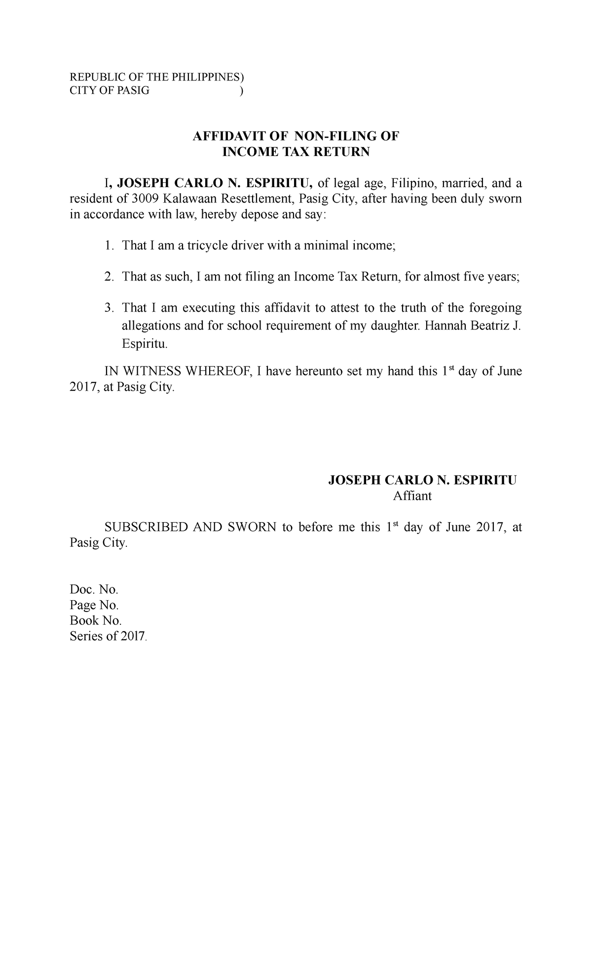 Affidavit Of Non Filing Of Income Tax Republic Of The 3416