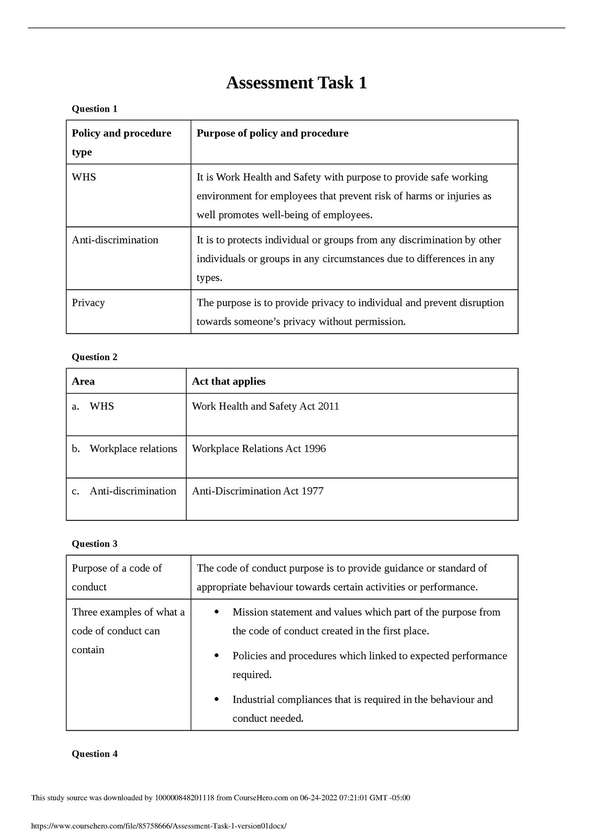 Assessment Task 1 Version 01 - Assessment Task 1 Question 1 Policy And ...