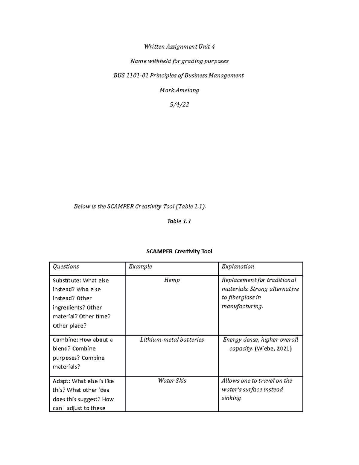 BUS1101 Unit 4 Written Assignment - Written Assignment Unit 4 Name ...